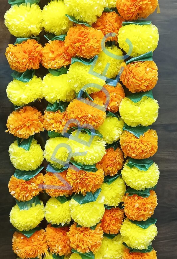 VRB Dec™ 5 Pcs Artificial Marigold Flowers with Leaves for Decoration Long Marigold Garlands for Decoration Toran Indian genda phool for Wedding & Festivals