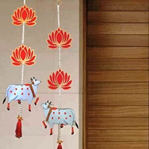 VRB DecTM Lotus Hangings for Decoration/Hanging for Home Decor/Ganpati/Floral Wall Hangings for Temple Decor/Festival/showpiece for Home (Lotus Hanging Pink Three Tier with Cow - 2 Pcs)