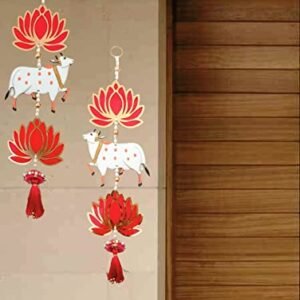 VRB DecTM Lotus Hangings for Decoration/Hanging for Home Decor/Ganpati/Floral Wall Hangings for Temple Decor/Festival/showpiece for Home (Lotus Hanging Pink Two Tier Center Cow - 2 Pcs)