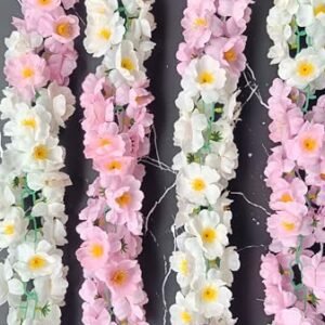 VRB Dec™ 1 Pcs Artificial Flowers Vine Blossom/Roses Garland Fake (6 ft) Flowers fabric Roses/Blossom Garland for Wedding Decor Diwali/Ganpati/Garden Wall Valentine (White & Pink Combo Blossom)