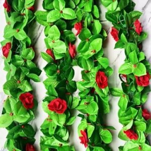 VRB Dec™ 1 Pcs Artificial Flowers Vine Blossom/Roses Garland Fake (6 ft) Flowers fabric Roses/Blossom Garland for Wedding Decor Diwali/Ganpati/Garden Wall Valentine (Red Rose Leaf garland)