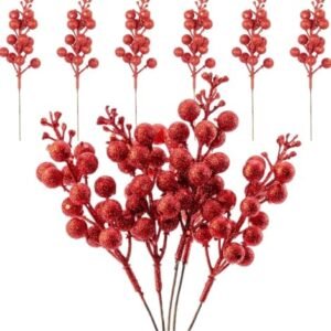 VRB DecTM 12 Pcs Christmas Glitter Berries Stems Artificial Christmas Picks for Christmas Tree Ornaments, DIY Xmas Wreath, Crafts, Holiday and Home Decor