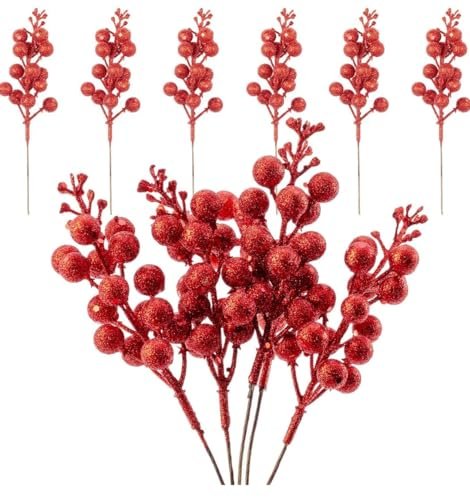 VRB DecTM 12 Pcs Christmas Glitter Berries Stems Artificial Christmas Picks for Christmas Tree Ornaments, DIY Xmas Wreath, Crafts, Holiday and Home Decor