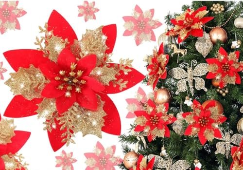 VRB Dec 12Pcs Christmas Poinsettias Red/Gold Glitter Decorative Artificial Flowers Christmas Flowers of Christmas Decorations Items/Chritmas Tree/Decoration Items