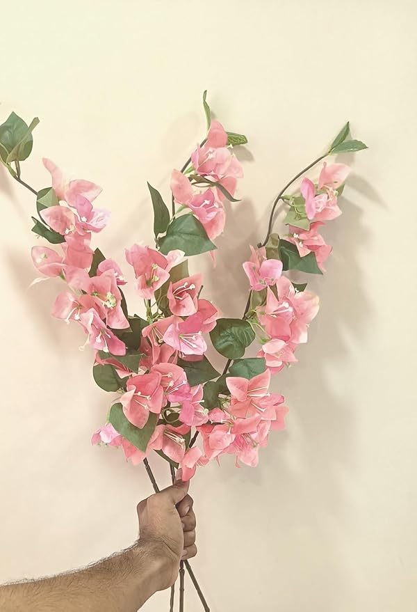 VRB Dec (Pack of 3 Artificial Bougainvillea Glabra Fake Plant Flowers for Home, Room,Office | Flowers for Vases | Decoration Items for Living Room (Without Pot) (Blush Peach - 3pcs)