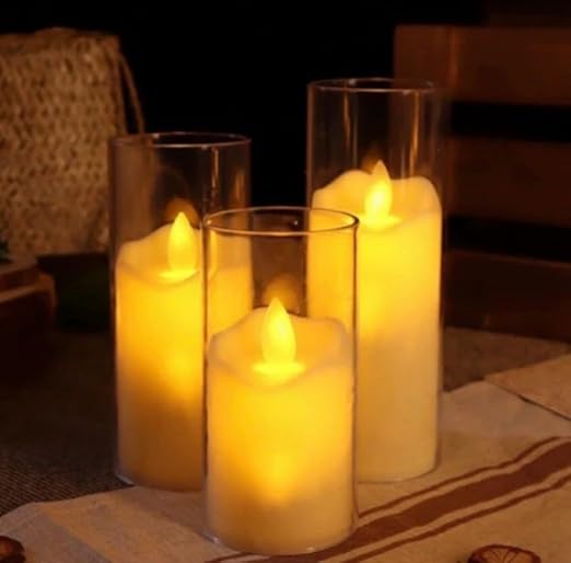 VRB Dec 3pcs Pillar Flickering Candles Acrylic Flameless & Smokeless Decorative Candles Led Tea Light Candle Perfect for Gifting, Home,Diwali, Christmas,Decorative Candles,Birthday (Model - 1)