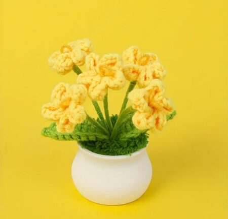 VRB Dec 1 Pcs Crochet Flowers Artificial Sunflower for Office Desk Car Dashboard Decor,Home Decoration, Office, Bedroom, Christmas Decor, Wedding (Small Yellow Daisy with Pot)
