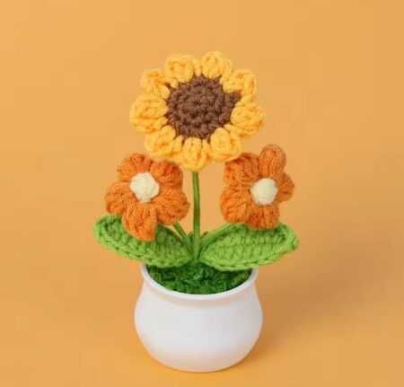VRB Dec 1 Pcs Crochet Flowers Artificial Sunflower for Office Desk Car Dashboard Decor,Home Decoration, Office, Bedroom, Christmas Decor, Wedding (Sunflower with Daisy Pot)