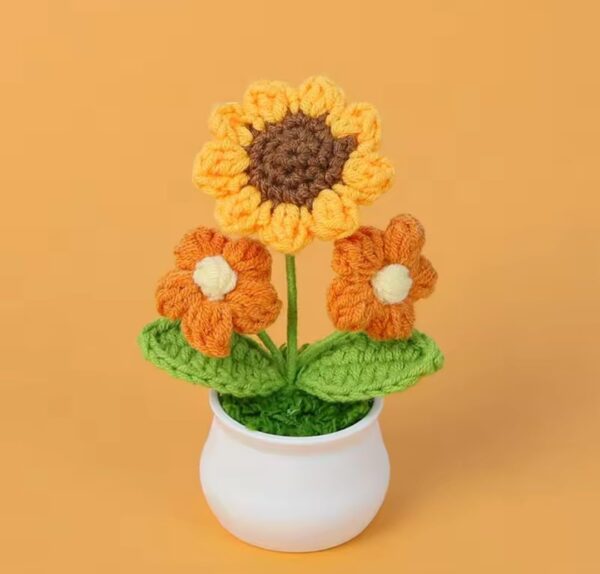 VRB Dec 1 Pcs Crochet Flowers Artificial Sunflower for Office Desk Car Dashboard Decor,Home Decoration, Office, Bedroom, Christmas Decor, Wedding (Sunflower with Daisy Pot)