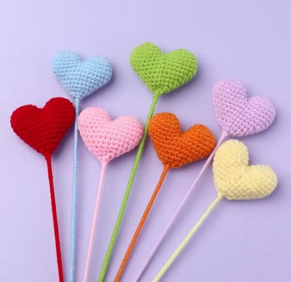 VRB Dec 1 Pcs Crochet Flowers Artificial Heart for Valentine,Bouquet,Office Desk,Table Decor,Home Decoration, Office,Decor,Bedroom, Christmas Decor (Red Heart Stick)