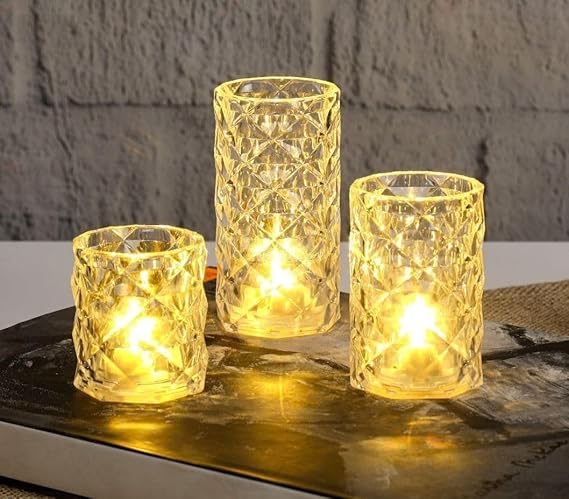 VRB Dec 3pcs Pillar Candles Acrylic Flameless & Smokeless Decorative Candles Led Tea Light Candle Perfect for Gifting, Home,Diwali, Christmas,Decorative Candles,Birthday (Model - 3)