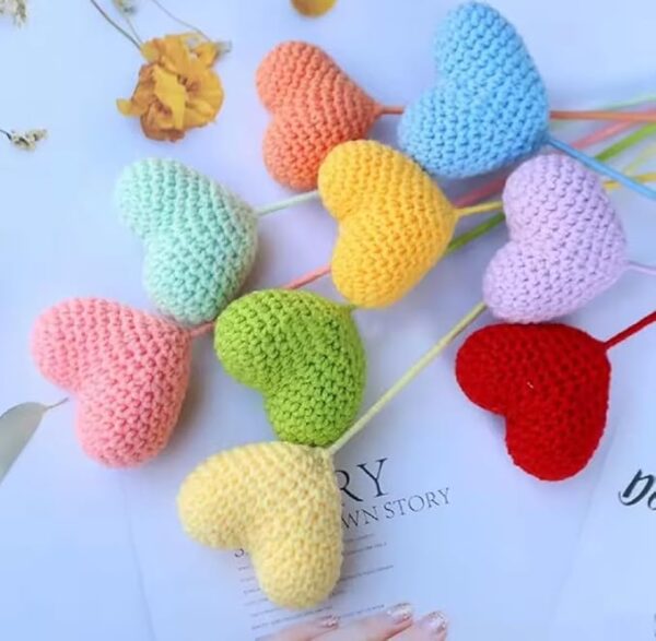 VRB Dec 1 Pcs Crochet Flowers Artificial Heart for Valentine,Bouquet,Office Desk,Table Decor,Home Decoration, Office,Decor,Bedroom, Christmas Decor (Purple Heart Stick)