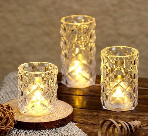 VRB Dec 3pcs Pillar Candles Acrylic Flameless & Smokeless Decorative Candles Led Tea Light Candle Perfect for Gifting, Home,Diwali, Christmas,Decorative Candles,Birthday (Model - 3)