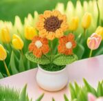VRB Dec 1 Pcs Crochet Flowers Artificial Sunflower for Office Desk Car Dashboard Decor,Home Decoration, Office, Bedroom, Christmas Decor, Wedding (Sunflower with Daisy Pot)