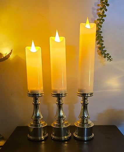 VRB Dec 3pcs Pillar Candles Acrylic Flameless & Smokeless Decorative Candle Led Tea Light Candle Perfect for Gifting, Home,Diwali, Christmas,Decorative Candles,Birthday (Model - 4)