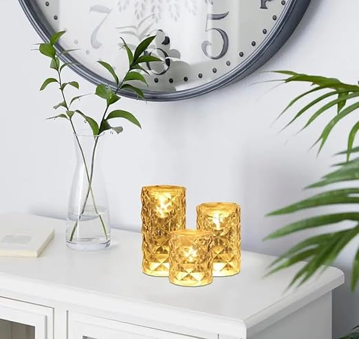 VRB Dec 3pcs Pillar Candles Acrylic Flameless & Smokeless Decorative Candles Led Tea Light Candle Perfect for Gifting, Home,Diwali, Christmas,Decorative Candles,Birthday (Model - 3)