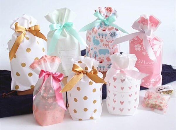 VRB Dec 50 Pcs Return Gift Bags - Potli Bags, Return Gift Bags for Kids Birthday - Gift Packing Bags - Goodie Bag for Return gifts - goodie bags - gift pouches for return gifts - guddy bags for return gifts (50 Pcs Polkadot Ribbon Bag)