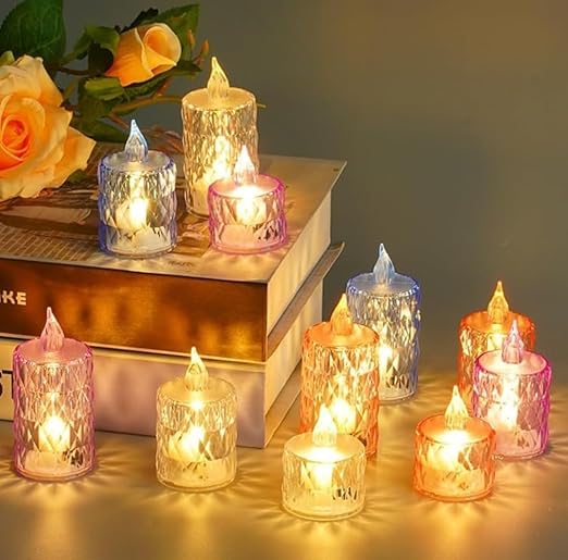 VRB Dec 12 pcs Acrylic Flameless & Smokeless Decorative Candles Led Tea Light Candle Perfect for Gifting, Birthday, Diwali, Christmas,Decorative Candles,Balcony, Birthday (Multi Crystal tealight - 12 Pcs)