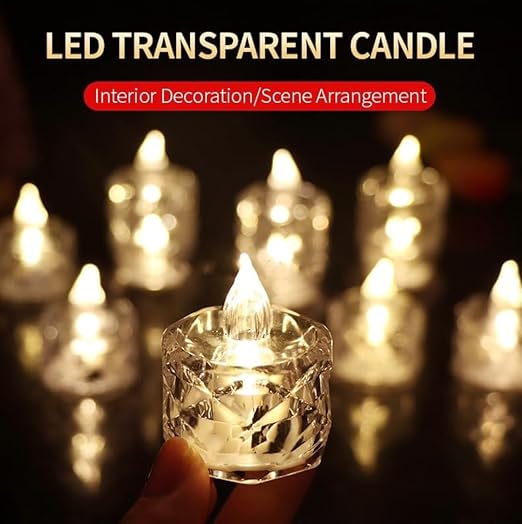 VRB Dec 24 pcs Acrylic Flameless & Smokeless Decorative Candles Led Tea Light Candle Perfect for Gifting, Birthday, Diwali, Christmas,Decorative Candles,Balcony, Birthday (Crystal tealight - 24 Pcs)