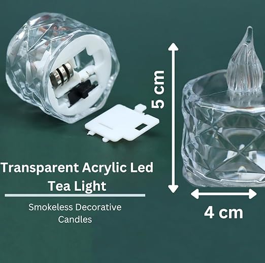 VRB Dec 24 pcs Acrylic Flameless & Smokeless Decorative Candles Led Tea Light Candle Perfect for Gifting, Birthday, Diwali, Christmas,Decorative Candles,Balcony, Birthday (Crystal tealight - 24 Pcs)