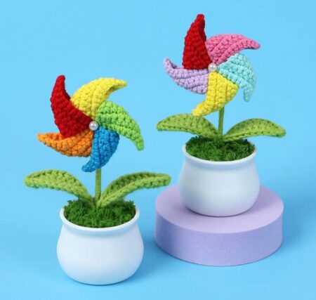 VRB Dec 1 Pcs Crochet Flowers Artificial Sunflower for Office Desk Car Dashboard Decor,Home Decoration, Office, Bedroom, Christmas Decor, Wedding (Multicolor Fan with Pot)