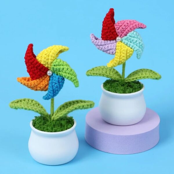 VRB Dec 1 Pcs Crochet Flowers Artificial Sunflower for Office Desk Car Dashboard Decor,Home Decoration, Office, Bedroom, Christmas Decor, Wedding (Multicolor Fan with Pot)
