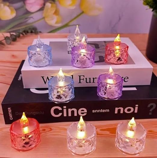 VRB Dec 12 pcs Acrylic Flameless & Smokeless Decorative Candles Led Tea Light Candle Perfect for Gifting, Birthday, Diwali, Christmas,Decorative Candles,Balcony, Birthday (Multi Crystal tealight - 12 Pcs)
