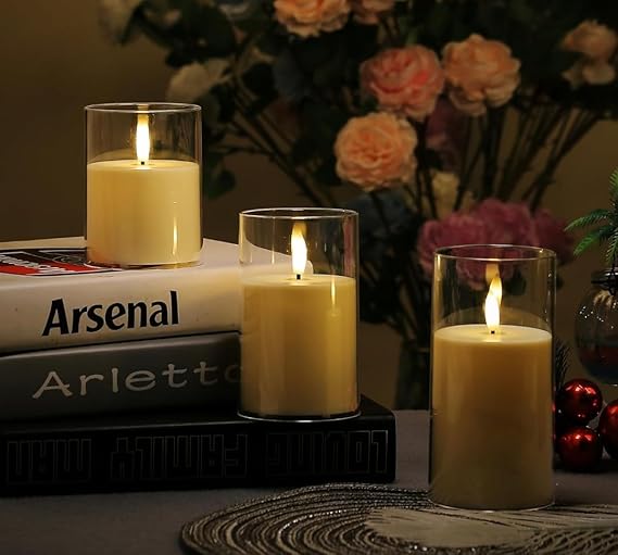 VRB Dec 3pcs Pillar Flickering Candles Acrylic Flameless & Smokeless Decorative Candles Led Tea Light Candle Perfect for Gifting, Home,Diwali, Christmas,Decorative Candles,Birthday (Model - 1)