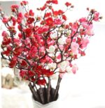 VRB Dec 3 Pcs Artificial Cherry Blossom Flower Fake Plant Flowers for Home, Room,Office | Flowers for Vases | Decoration Items for Living Room (Dark Red)