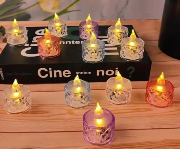 VRB Dec 12 pcs Acrylic Flameless & Smokeless Decorative Candles Led Tea Light Candle Perfect for Gifting, Birthday, Diwali, Christmas,Decorative Candles,Balcony, Birthday (Multi Crystal tealight - 12 Pcs)
