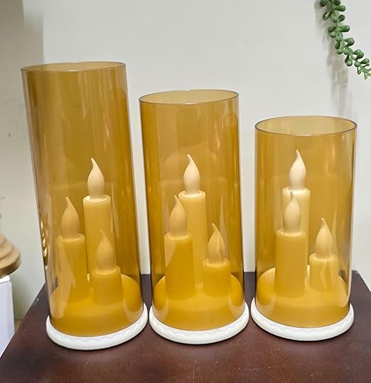 VRB Dec 3pcs Pillar Candles Acrylic Flameless & Smokeless Decorative Candle,Led Tea Light Candle,Perfect for Gifting,Home,Diwali, Christmas,Decorative Candles (Battery Not Included) (Model - 6)
