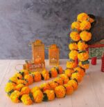 VRB Dec 10Pcs Marigold Garlands/genda Ladi/Marigold flower for decoration/garlands for decoration/ganpati decoration items for home/flower Vines for Decoration (Dark Red & Yellow Mix with Leaf, 5)