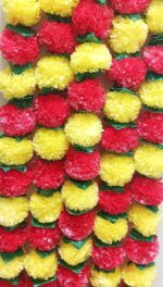 VRB Dec 10Pcs Marigold Garlands/genda Ladi/Marigold flower for decoration/garlands for decoration/ganpati decoration items for home/flower Vines for Decoration (Dark Red & Yellow Mix with Leaf, 5)