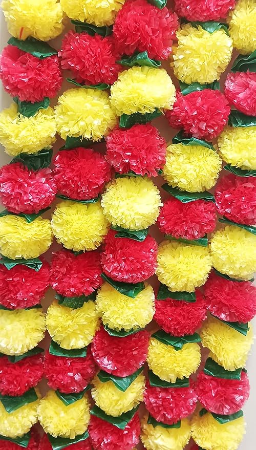 VRB Dec 10Pcs Marigold Garlands/genda Ladi/Marigold flower for decoration/garlands for decoration/ganpati decoration items for home/flower Vines for Decoration (Dark Red & Yellow Mix with Leaf, 5)