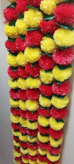 VRB Dec 10Pcs Marigold Garlands/genda Ladi/Marigold flower for decoration/garlands for decoration/ganpati decoration items for home/flower Vines for Decoration (Dark Red & Yellow Mix with Leaf, 5)