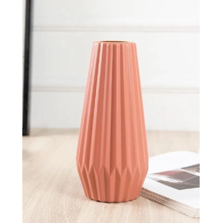 VRB Dec 1Pcs Narrow Striped Plastic Ceramic Vase, Flower Vase, Pampas Grass Vase,Vase for Flower,Vase for Plants,Vase Home Decor Centrepiece Decor for Home, Office,Living Room Decor (Pink Color)