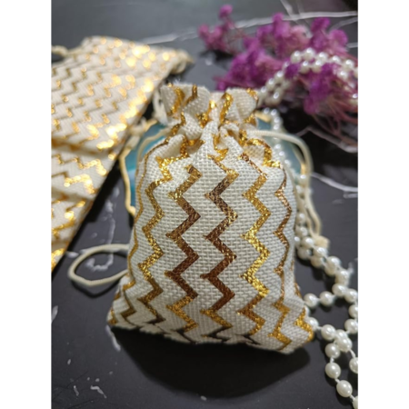VRB Dec 50 Pcs Potli/Potli Bags For Return Gifting/Gifts/Jute Potli Bags/Pouch For Gifting,Gift Bags,Diwali Return Gift,Women Handbag Shagun Pouch,Candy Bags (Color 3),Off White Golden