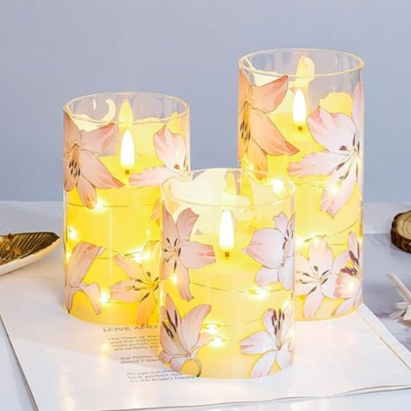 VRB Dec 3pcs Pillar Candles Acrylic Flameless & Smokeless Decorative Candles Led Tea Light Candle Perfect for Gifting, Home,Diwali, Christmas,Decorative Candles (Battery Not Included) (Model - 5)