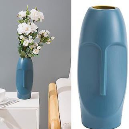 VRB Dec 1Pcs Face Plastic Ceramic Vase, Flower Vase, Pampas Grass Vase,Vase for Flower,Vase for Plants,Vase Home Decor Centrepiece Decor for Home, Office,Living Room Decor Aesthetic (Blue Color)