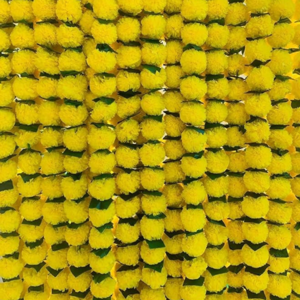 VRB Dec 10 Pcs Marigold Garlands/genda Ladi/Marigold flower for decoration/garlands for decoration/ganpati decoration items for home/flower Vines for Decoration (Yellow with Leaf, 5)