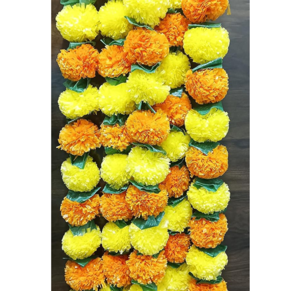 VRB Dec 10 Pcs Marigold Garlands/genda Ladi/Marigold flower for decoration/garlands for decoration/ganpati decoration items for home/flower Vines for Decoration (Orange & Yellow Mix with Leaf, 5)