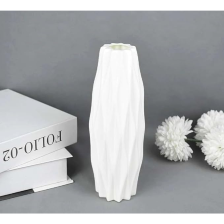 VRB Dec 1Pcs Stripe Plastic Ceramic Vase,Flower Vase,Pampas Grass Vase,Vase for Flower,Plants,Vase Home Decor Centrepiece Decor for Home,Office,Living Room Decor (White Color)