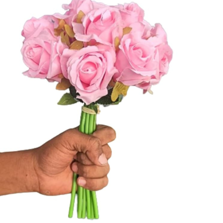 VRB Dec 12 Pcs Artificial Rose Flower for - Home, Office, Bedroom, Balcony, Table Display Decoration Items,Wedding Home,Diwali,Chritmas Living Room (Pack of 1 Bunch, 12 Heads in 1 Bunch) (Baby Pink)