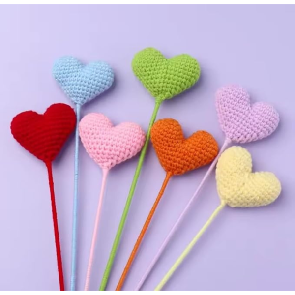 VRB Dec 3 Pcs Crochet Flowers Artificial Heart for Valentine,Bouquet,Office Desk,Table Decor,Home Decoration, Office,Decor,Bedroom, Christmas Decor (Multicolor of 3 pcs Set)