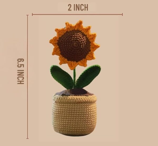 VRB DecTM 1 Pcs Crochet Flowers Artificial Sunflower for Office Desk Car Dashboard Decor,Home Decoration, Office, Bedroom, Christmas Decor, Wedding (Sunflower with Crochet Pot)