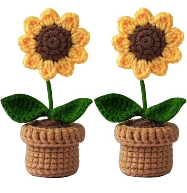 VRB DecTM 1 Pcs Crochet Flowers Artificial Sunflower for Office Desk Car Dashboard Decor,Home Decoration, Office, Bedroom, Christmas Decor, Wedding (Sunflower with Crochet Pot)