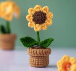 VRB DecTM 1 Pcs Crochet Flowers Artificial Sunflower for Office Desk Car Dashboard Decor,Home Decoration, Office, Bedroom, Christmas Decor, Wedding (Sunflower with Crochet Pot)