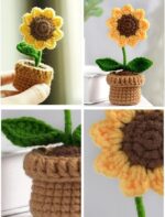 VRB DecTM 1 Pcs Crochet Flowers Artificial Sunflower for Office Desk Car Dashboard Decor,Home Decoration, Office, Bedroom, Christmas Decor, Wedding (Sunflower with Crochet Pot)