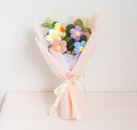 VRB Dec 1pcs Artificial Crochet Flower Bouquet/Artificial Flowers Bunch/Crochet flowers bouquet/Crochet flowers/Flowers Bouquet Gift for Girls Home Decor,gifting,etc. (Multicolor Daisy Bouquet