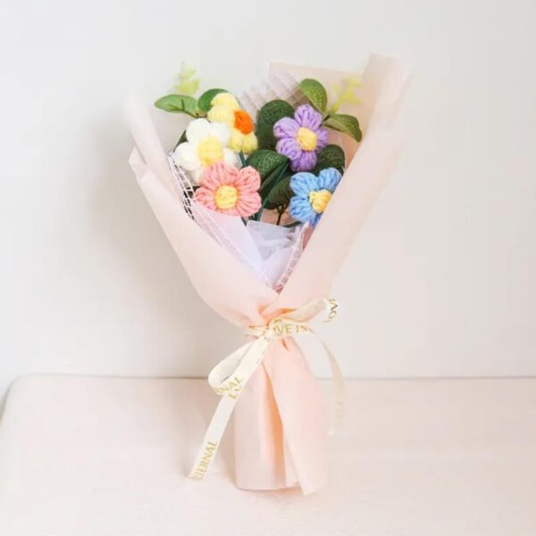 VRB Dec 1pcs Artificial Crochet Flower Bouquet/Artificial Flowers Bunch/Crochet flowers bouquet/Crochet flowers/Flowers Bouquet Gift for Girls Home Decor,gifting,etc. (Multicolor Daisy Bouquet